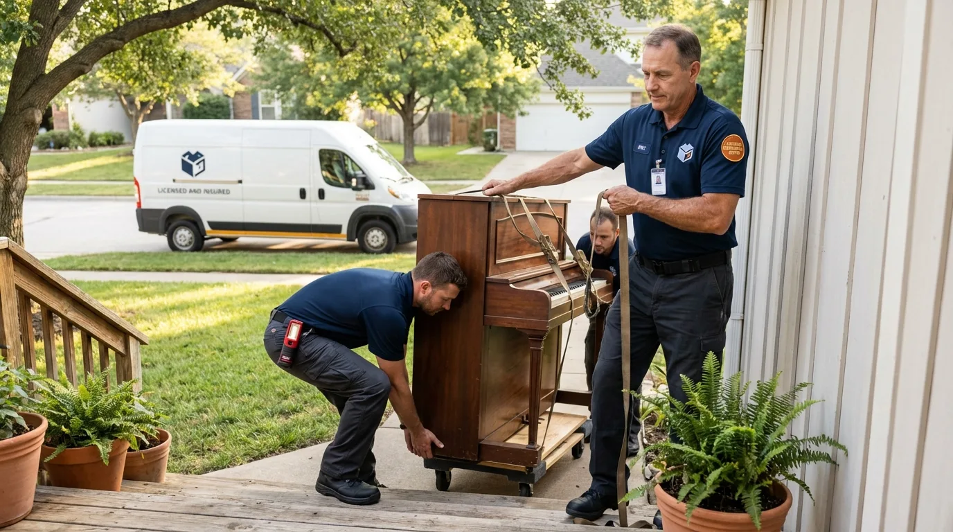 Licensed piano movers securing grand piano in Toluca, IL