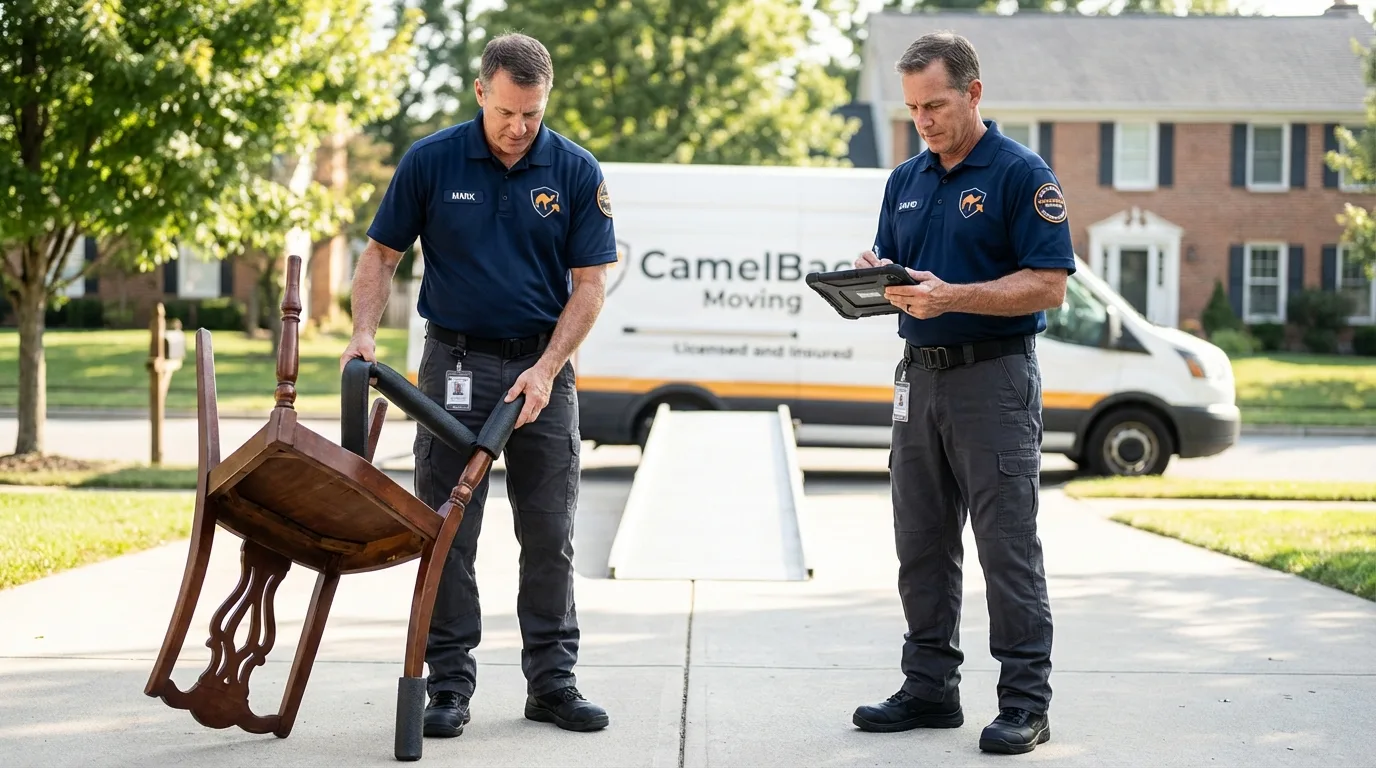 Movers inspecting furniture for damage prevention before loading in Toluca, IL